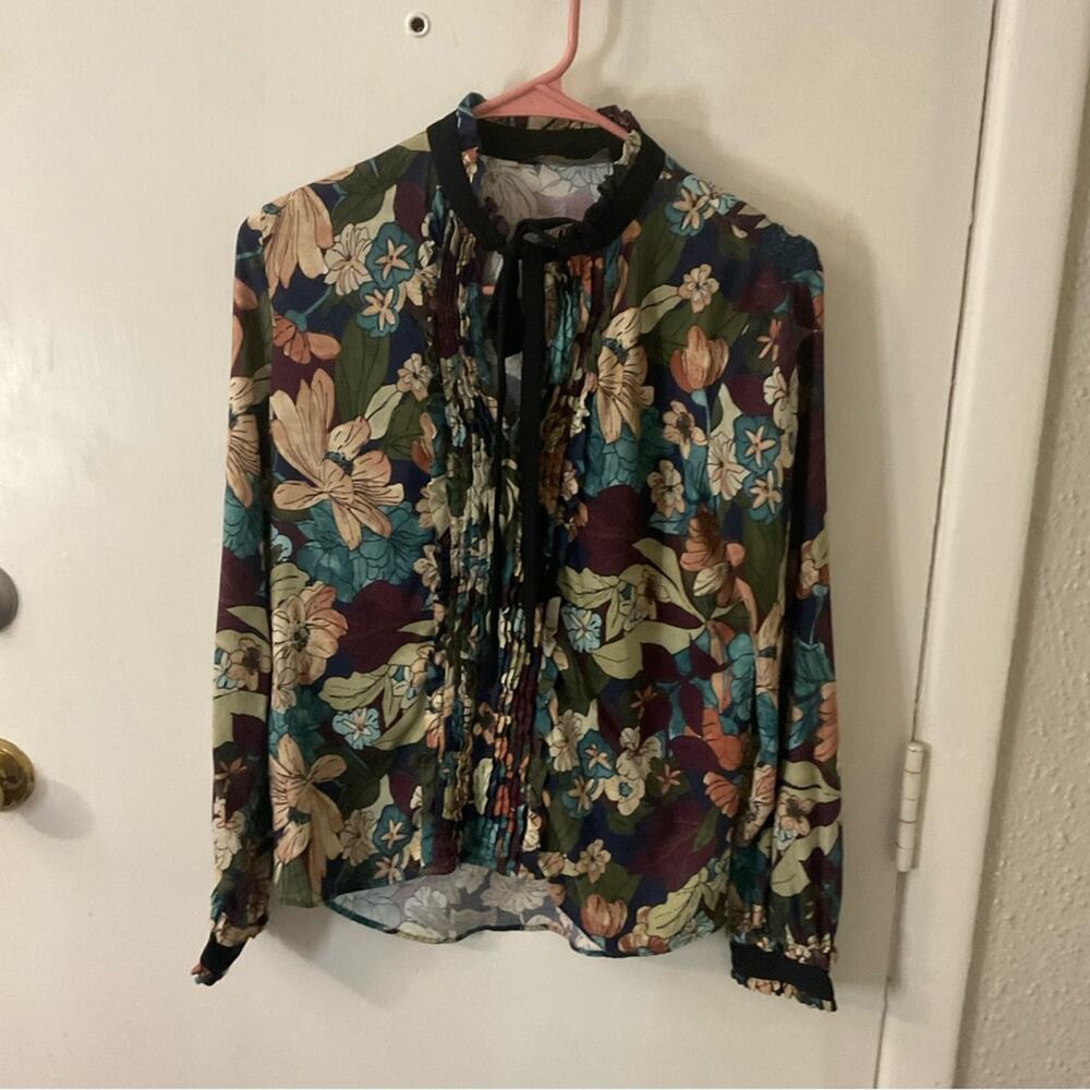 ZARA Basic High Neck Tie Front Floral Secretary Blouse S Corporate Siren Cottage - Picture 3 of 8